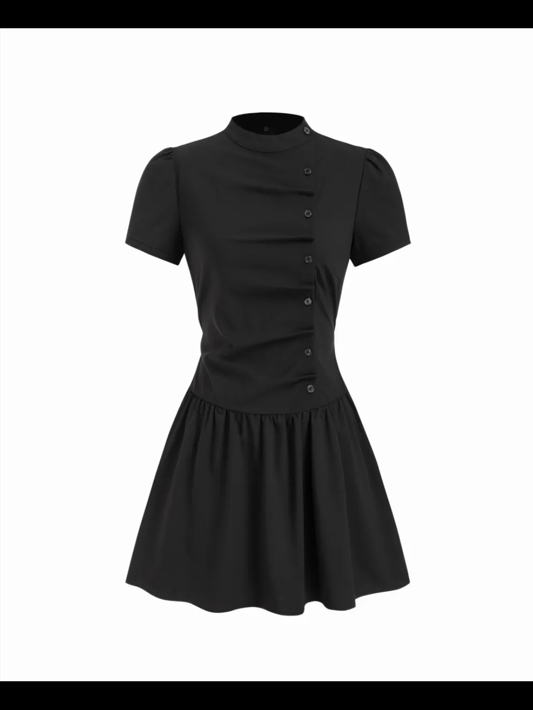 Women's Black Button-Front Short Sleeve Fit & Flare Mini Dress
